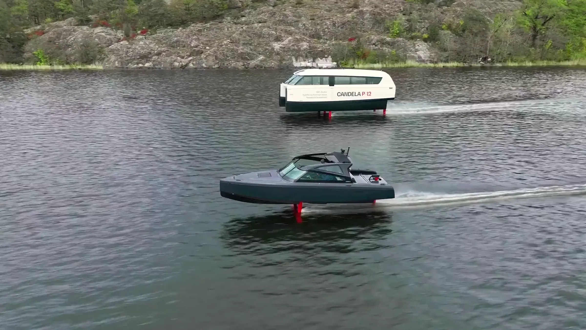 Candela C-8 electric hydrofoil flying above the water — Stockholm engineering